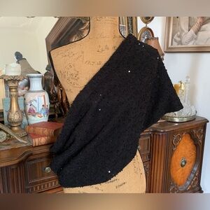 Vintage Gothic Soft Black Tweed and Clear Sequin Detail Infinity Scarf Shawl